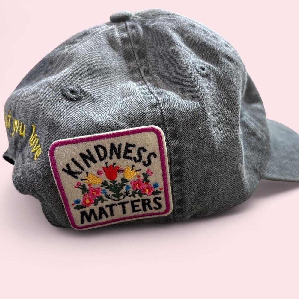 Natural Life Gray Baseball Cap embroidered patch KINDNESS MATTERS floral design